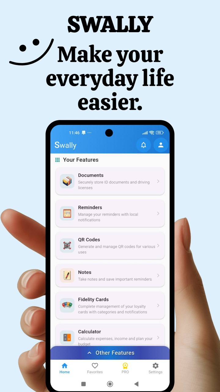 Swally app home screen with all features